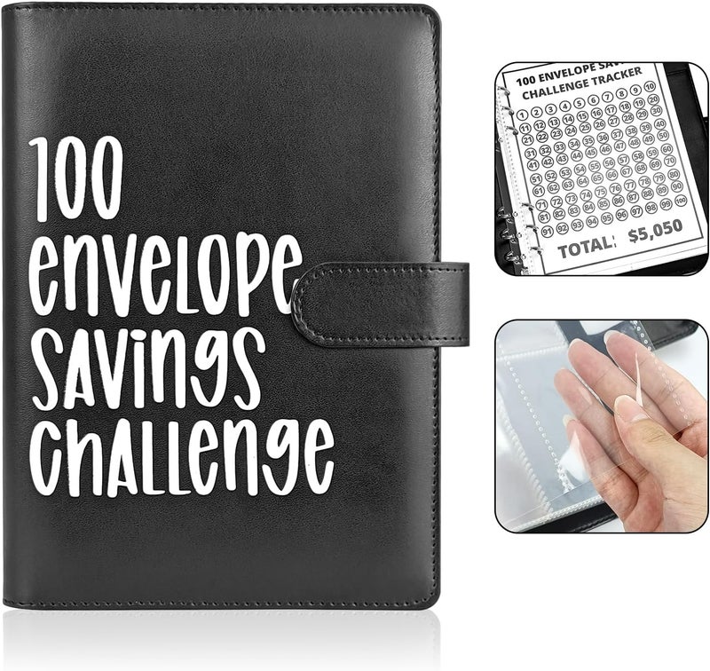 POUYRBA 100 Envelope Challenge Binder, Leather 52 Week Money Saving Challenge Binder Easy and Fun Way for 100 Envelopes Money Saving Challenge Budget Binder for Budgeting Planner & Saving Money - Image 1
